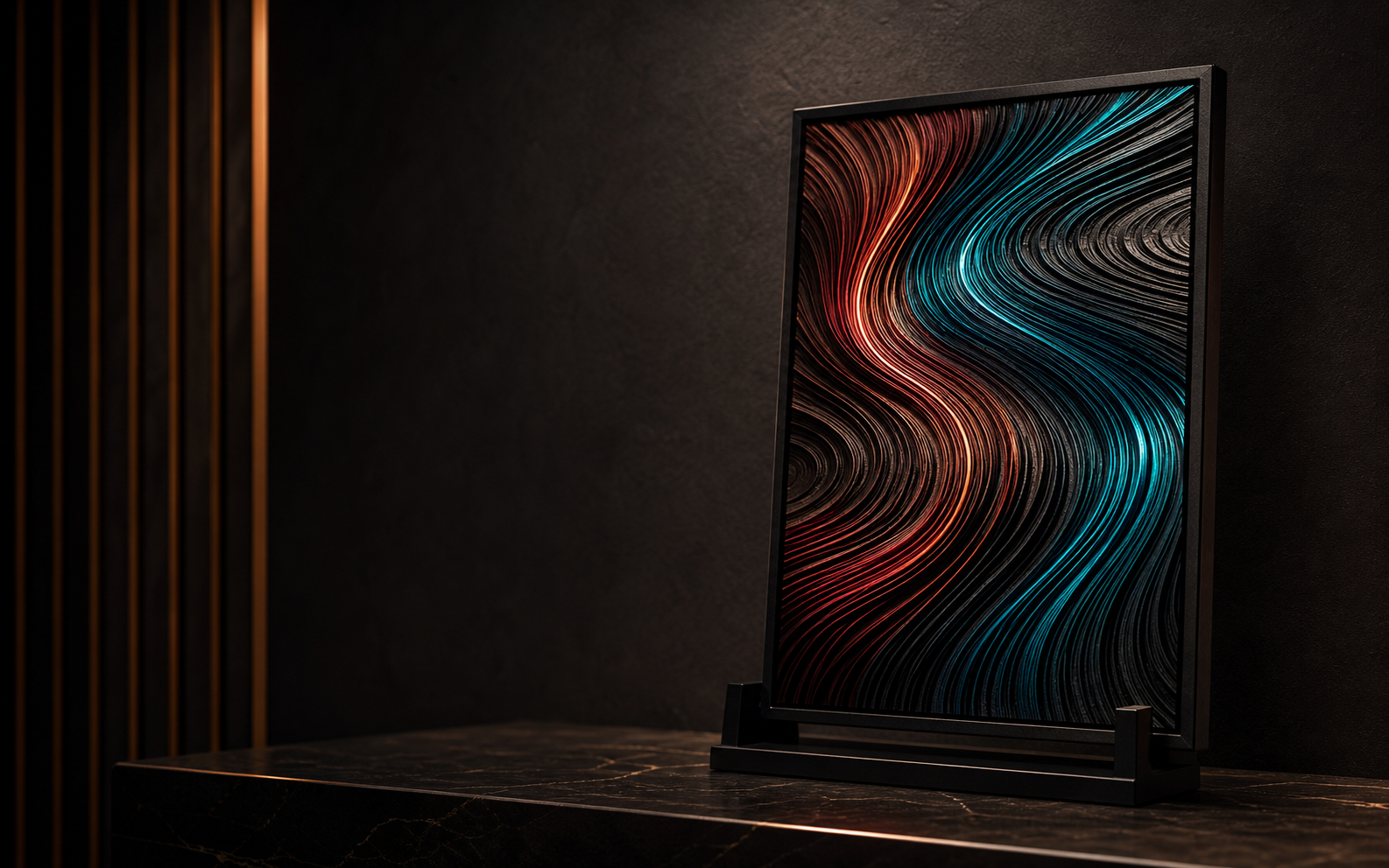 Abstract non-explicit chroma art panel displayed on a dark gallery wall